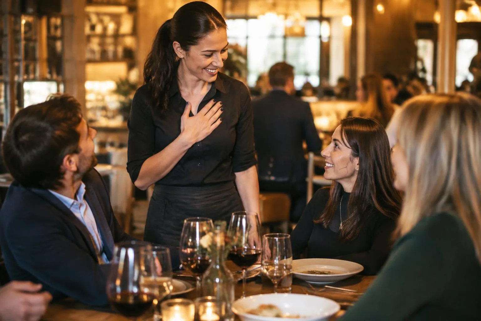 Server Thanking Guests at a Restaurant Table